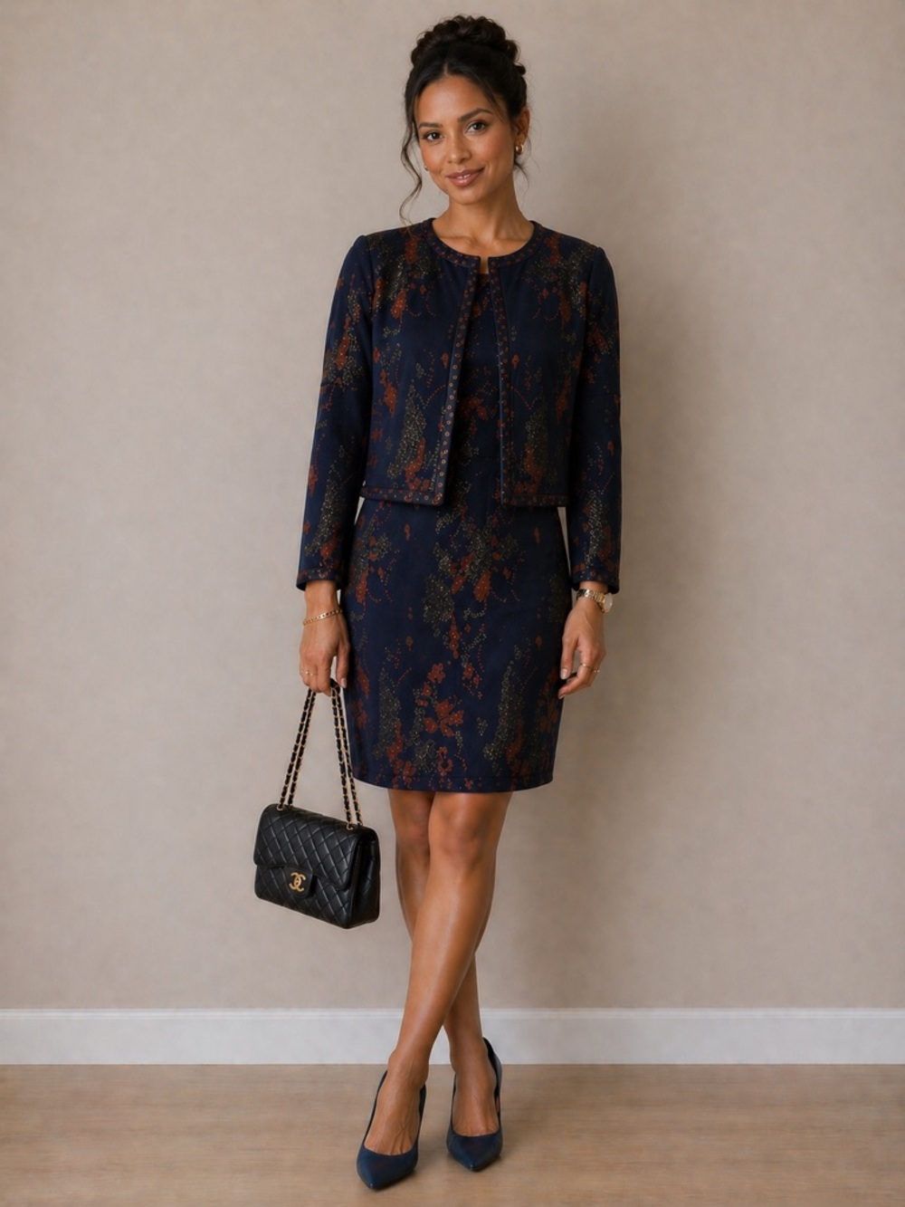 St. John Beaded Metallic Navy Rust Patterned Knit Dress with Sweater Size 2